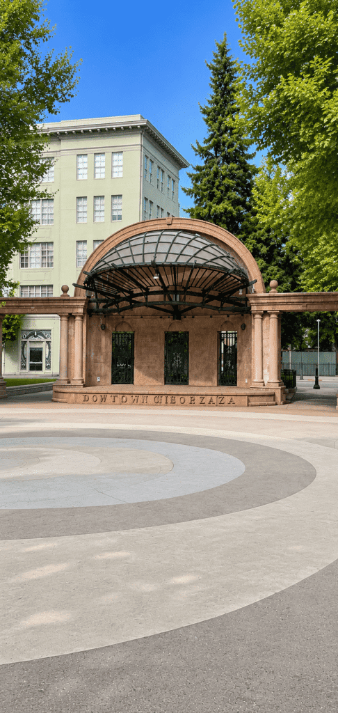 Downtown Chico Plaza mobile notary services in Chico California with iconic Chico City Plaza landmark