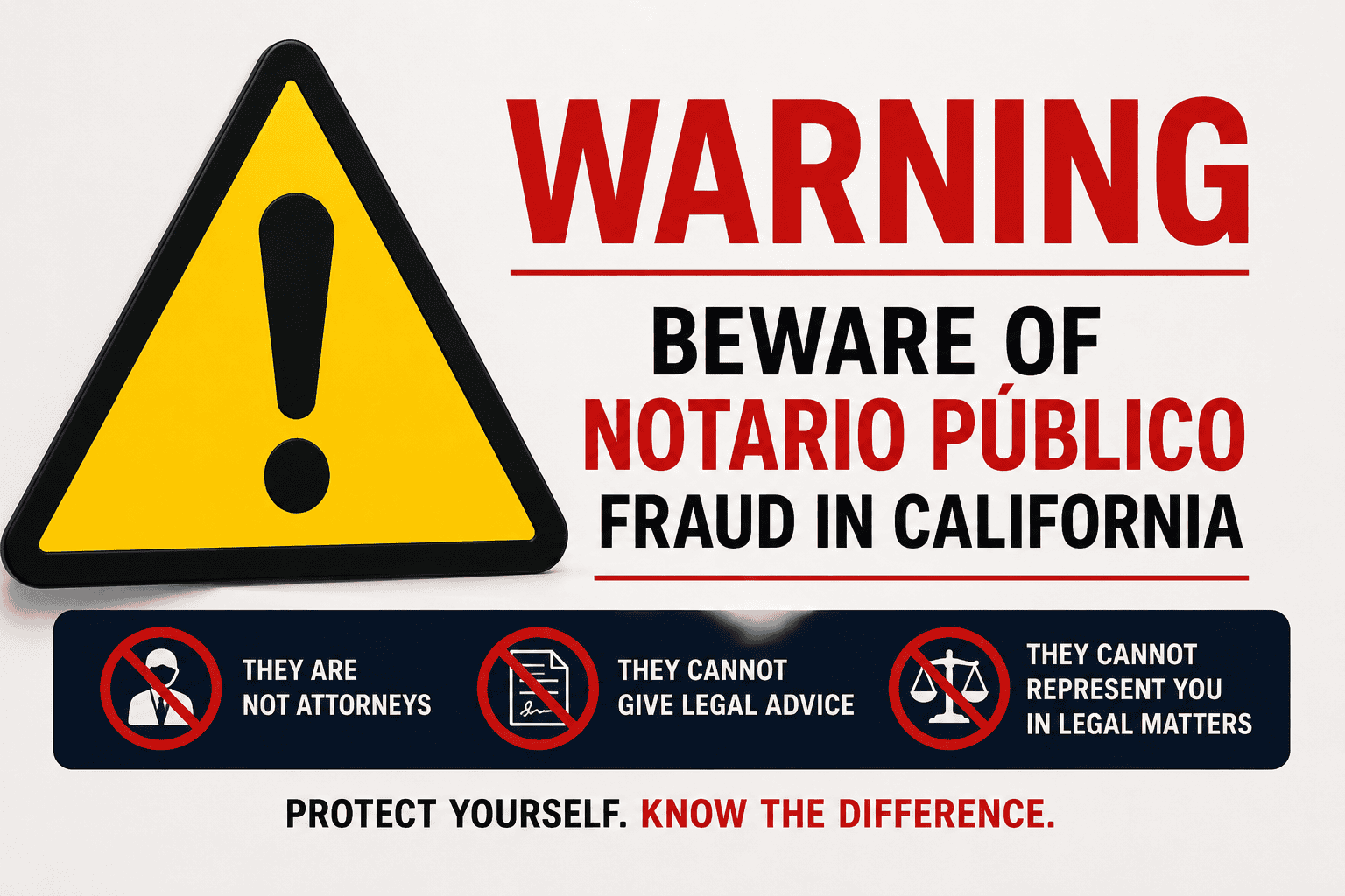 Warning graphic about Notario Público fraud and unauthorized legal services in California